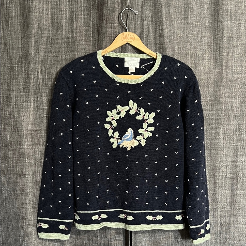 Christopher & banks blue crewneck granny sweater with embroidery large